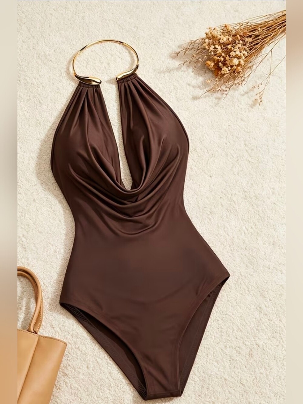 Gold-Tone Ring Halter Chocolate One-Piece Swimsuit, NWT